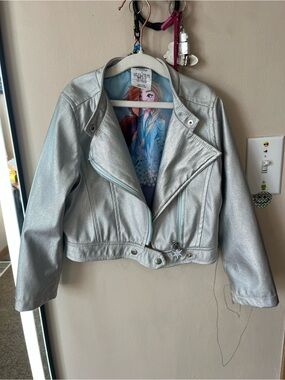 Disney Elsa Frozen Silver Girls Moto Jacket with Elsa and Anna Inner Print